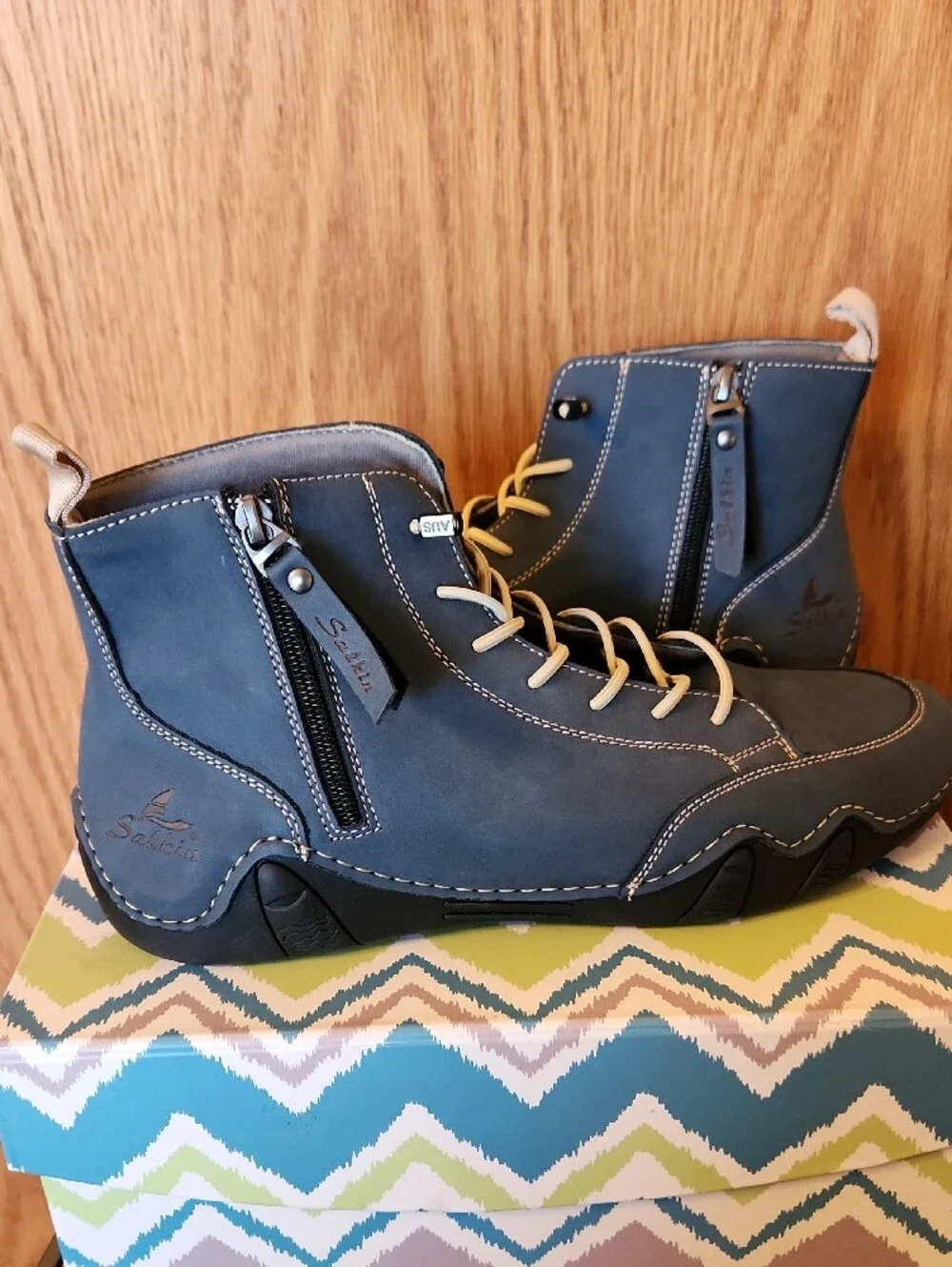 Men's Blue Barefoot Boots with Contrast Cream Laces